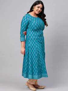 Kurta Anarkali de Algodón Color Verde Azulado, Talla Grande para Mujer, Estampado Floral Dorado, Cuello Redondo, Mangas Tres Cuartos, Ropa Casual para Fiesta - Product Image 5