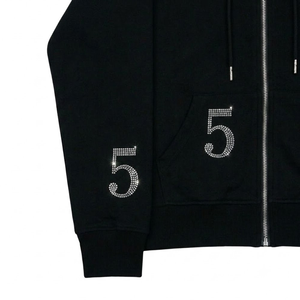 SAAR INDUSTRIES Sweat-shirt à capuche noir personnalisé avec fermeture éclair, imprimé numéro 5 en strass argentés, coupe oversize, en coton épais 100% délavé à l'acide - Product Image 4