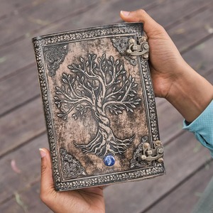 Tree Life Leather Journal Handmade Vintage A5 Notebook <b>Sewing</b> Bound Gift 2 Color Choices 220 Vintage Paper Brass Locks - Product Image 4