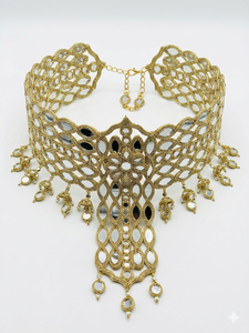 Luxury Fancy Traditional Embroidery Cording Indian Shisha Mirror Zari Work Handmade Organza Decorative Lace Choker <b>Necklace</b> Gold - Product Image 4