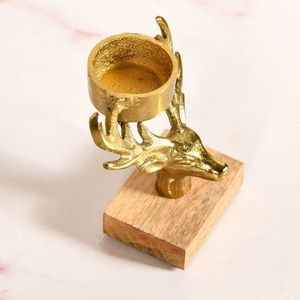 Golden Deer Head Candle Holder Set of 2 Brass Metal Wood Base Classic Decorative Handicraft - Product Image 5