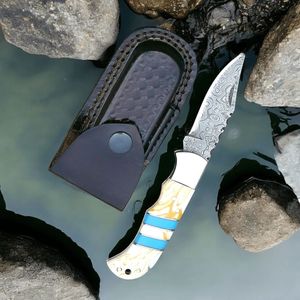 Couteaux de chasse pliants à pointe acérée avec poignée à motif bleu, lame en acier lisse et étui en cuir pour la chasse et le camping - Product Image 2