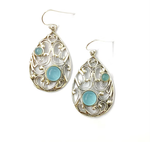 Boucles d'oreilles pendantes vintage en argent sterling 925 avec pierre précieuse en calcédoine aqua sertie en clos, pour femme, à porter au quotidien - Product Image 3