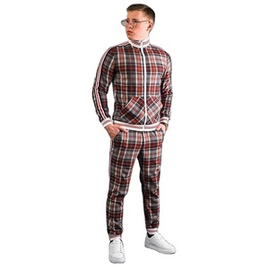 Branding Men's Check Print Sublimated Bomber <b>Jacket</b> Track Suit Zip Enclosure Ribbed Hem & Cuffs Side Stripe Zipper Sweat Suit - Product Image 1