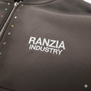 Sweat à capuche zippé avec logo personnalisé Ranzia Industry, écologique, orné de strass, et pantalon de jogging avec patch brodé. - Product Image 6