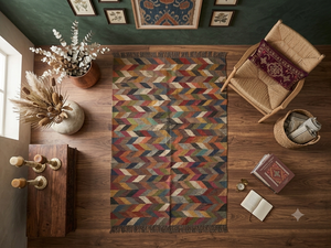 Tapis Kilim Rectangulaire Artisanal Écologique en Laine et Acrylique, Tufté à la Main, Motif Géométrique, à Poils Moyens, avec Dos en Latex, pour Salon et Maison - Product Image 3