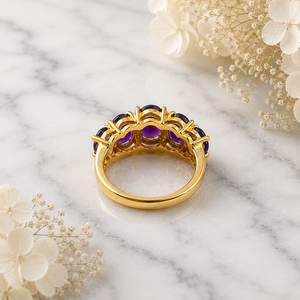 Anillo de Amatista Clásica Natural con Cinco Piedras en Racimo, Plata de Ley 925 Chapada en Oro, para Mujer, Boda, Fiesta, Aniversario - Product Image 4