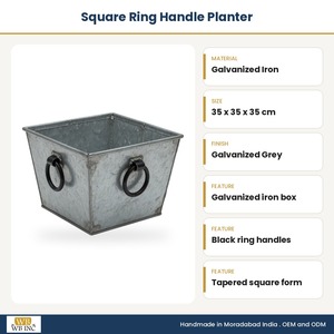 Jardinera Cuadrada de Hierro Galvanizado con Asas de Anillo Negras, Maceta Metálica Rústica para Jardín, Interior y Exterior - Product Image 3