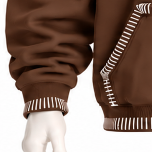 Winter Chocolate Brown Stitched Border Distressed Fleece <b>Oversized</b> Pullover <b>Hoodie</b> Contrast <b>Stitch</b> Kangaroo Pocket Casual - Product Image 6