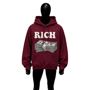 Sweat-shirt à capuche pour homme, couleur bordeaux, avec imprimé graphique 'Rich Letter Money', cordon de serrage, poche kangourou, manches longues, en promotion - Product Image 1