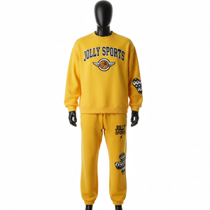 Conjunto Deportivo de Lujo para Hombre, 340GSM, Algodón Amarillo, Sudadera y Pantalones, Logotipo con Apliques de Chenilla, Paneles con Patrón Tejido - Product Image 1