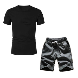Men's Gray Crew Neck T-Shirt With Black Solid Shorts Casual Summer <b>Set</b> Breathable <b>Knitted</b> Cotton Outfit OEM ODM - Product Image 3