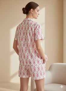 Ensemble de vêtements de nuit décontractés et élégants pour femmes, col rabattu, manches courtes, 100% coton respirant et doux, 2 pièces pour filles - Product Image 3