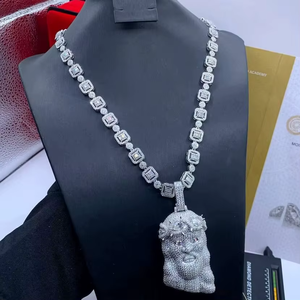 Collier pendentif unisexe en argent sterling 925 plaqué argent avec moissanite taille princesse, design visage, style hip-hop, chaîne à maillons, usage quotidien - Product Image 1