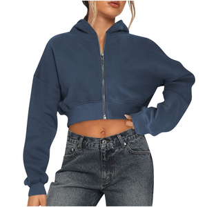 Women's <b>Cropped</b> <b>Hoodie</b> <b>Zip</b>-<b>Up</b> Sweatshirt Full Sleeve Solid Color Knitted Cotton Oversized Autumn Wear - Product Image 1
