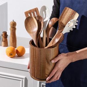 Premium Acacia Wood <b>Kitchen</b> Utensils 360 Rotating Holder Wood <b>Kitchen</b> Organizer <b>Caddy</b> Rotating Lazy Susan Utensil Holder - Product Image 2