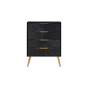 Commode haute contemporaine en bois avec façades de tiroirs géométriques en chevron, poignées dorées et pieds coniques élégants - Product Image 1