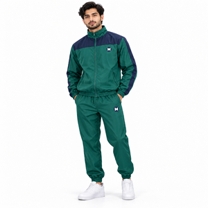 Men's Green Navy Color Block <b>Tracksuit</b> Jacket Pants Set Breathable Sportswear Full Sleeve Zipper Front Logo Design Autumn Wear - Product Image 1