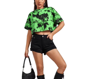 Wholesale Custom Made design Green <b>Tie</b> <b>Dye</b> Crop <b>Top</b> Cap Sleeve Crew Neck Loose Fit Knitted Casual T-Shirt Spring Summer Style - Product Image 5