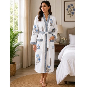 Bata de Baño Kimono de Algodón Waffle para Mujer, Diseño Estampado, Manga Larga, Suave, para Verano, Hotel, Spa, Resort, Hogar y Descanso - Product Image 1