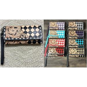 Nuevo Bolso de Mano Tipo Clutch de Cuero Vacuno con Diseño a Cuadros 2026, Hecho a Mano, con Correa para la Muñeca, Diseño Floral Tallado al Estilo Western, Cartera Larga para Mujer - Product Image 1