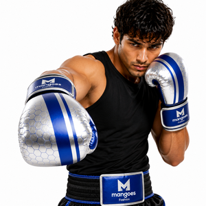 Guantes de Boxeo Profesionales ODM OEM de Cuero PU Premium Azul/Plateado con Palma Transpirable y Cierre Personalizado, Logotipo Personalizable - Product Image 3