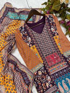 Traje Festivo Salwar Kameez de Muselina Estampada Fatema Fashion con Pantalón y Dupatta para Mujer, Ropa Étnica con TRABAJO DE ESPEJO REAL - Product Image 4