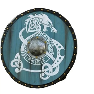 Ahmad Fabric Viking Shield with White Dragon Design Teal Ply <b>Wood</b> & Carbon Steel Finish Metal Center <b>Spike</b> Shield DIY Grade - Product Image 1