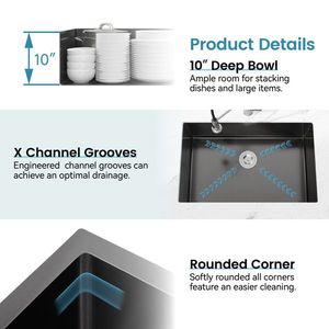 Lavello da Cucina a Vasca Singola 27x19 Pollici, Nero, Fatto a Mano, da Incasso Sottotop con Scarico Standard USA, Non Spedibile nei Fine Settimana - Product Image 6