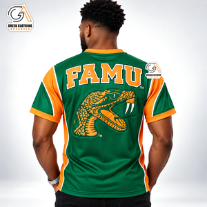 Vêtements grecs pour hommes, t-shirt à manches courtes à col en V vert et orange FAMU, coupe classique, impression par sublimation, style décontracté - Product Image 3