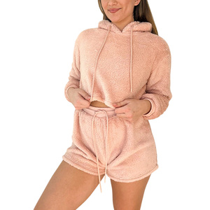 Conjunto de Sudadera con Capucha y Pantalones Cortos de Felpa Rosa para Mujer, Color Sólido, Ropa Casual para Estar en Casa, Manga Larga, Estilo Otoñal - Product Image 1