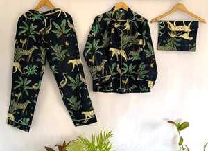 Conjunto de Pijama de Manga Larga para Mujer, Estampado Tropical de Animales, Cuello con Muescas, Camisa con Botones y Pantalones, Ropa de Dormir con Estampado Tropical de Animales - Product Image 3