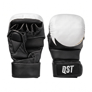 Gants de boxe QST en cuir PU noir et blanc, sans doigts, respirants, légers, avec sangle de poignet réglable à boucle, unisexes - Product Image 4