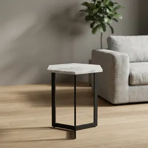 Modern Hexagonal <b>Marble</b> Top <b>Side</b> <b>Table</b> with Black Metal Frame Minimalist Living Room Furniture Decorative Accent <b>Table</b> - Product Image 3