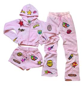 Conjunto de chándal verde con capucha para niñas, sudadera de algodón con estampado StarGirl, pantalones cortos, ropa informal de primavera - Product Image 3