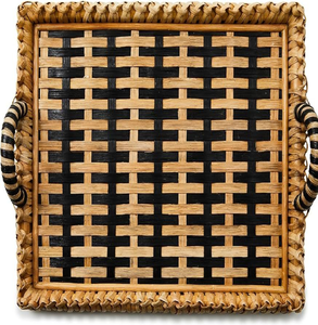 <b>Large</b> round shallow natural rattan <b>serving</b> <b>tray</b>, woven rim design with raised side handles, available at wholesale prices. - Product Image 6