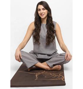 Increíble ropa de yoga gris sin mangas hasta el suelo pantalones elásticos dos bolsillos laterales cintura natural sólido tejido ecológico - Product Image 1