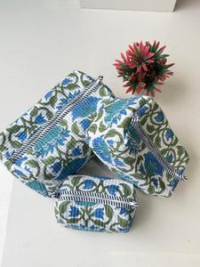 Bolsa de Aseo Acolchada de Algodón, Set de Cosméticos Hecho a Mano en India, Kit de Viaje para Artículos Pequeños, Medianos y Grandes, Estuche de Esponja con Estampado de Bloques - Product Image 2