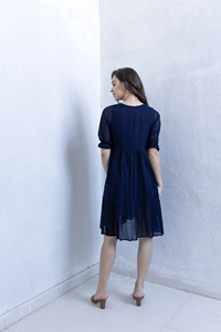 Vestido acampanado con cuello en V azul acampanado para mujer, minivestido corto para fiesta, cintura Natural, estampado Digital teñido liso para otoño - Product Image 2