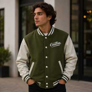 Custom Letter Print Windproof Breathable Wool/Polyester Varsity Jacket Men Olive Green PU Sleeve Casual Winter <b>Covered</b> <b>Button</b> - Product Image 1