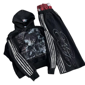 Conjunto de Sudadera con Capucha y Pantalones de Chándal de Corte Holgado con Estampado Digital de Rayas, Efecto Desgastado por el Sol y Lavado Ácido, con Cintura de Doble Capa, Estilo Streetwear Personalizado - Product Image 1