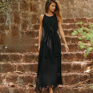 Vestido Maxi Bohemio Vintage Negro, Vestido Largo de Algodón Estilo Gitano Bohemio, Vestido Sexy para Fiesta y Eventos - Product Image 4