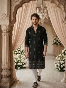 Kurta de Algodón para Hombre de NiMa Creations, Diseño Bordado, Corte Regular, Largo hasta la Rodilla, Estilo Tradicional Indio Pakistaní para Bodas y Fiestas - Product Image 3