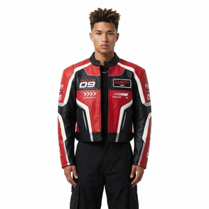 Mens Red Black Leather Motorcycle Biker <b>Racing</b> <b>Jacket</b> Custom Color Block Panel Stand Collar Zip Up Slim Fit Streetwear Coat - Product Image 1