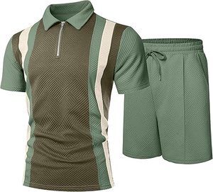 Ensemble de jogging pour hommes, été, tricoté, brodé, 100% coton, séchage rapide, manches courtes, logo personnalisé, ensemble chemise et short - Product Image 1