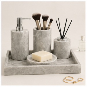 Ensemble d'accessoires de salle de bain vintage élégants en marbre gris, 5 pièces : distributeur de savon, porte-brosse à dents et plateau pour une décoration moderne de la maison - Product Image 4