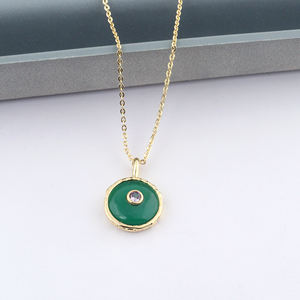 Delicate green <b>onyx</b> round gemstone stackable pendant <b>necklace</b> mini CZ inlay 18k gold plated adjustable chain jewelry for gifts - Product Image 3