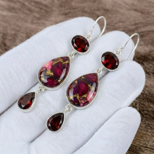 Boucles d'oreilles pendantes en argent sterling 925 massif, serties clos, faites à la main, avec turquoise et grenat, style bohème, pierres précieuses - Product Image 3