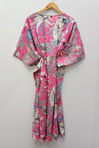 Robe Kaftan Indienne Mi-Longue Florale Légère en Coton Rose Motif Singe, Style Bohème Vintage, pour Plage ou Nuit, Idéale pour l'Été - Product Image 3