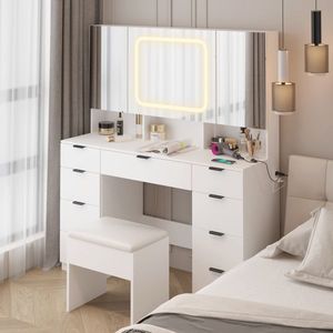 Large LED-Lit Vanity Table Set with 3 Opening <b>Mirrors</b> Full Storage Behind Dressing <b>Makeup</b> Table 3 Opening <b>Mirrors</b> LED Lights - Product Image 2